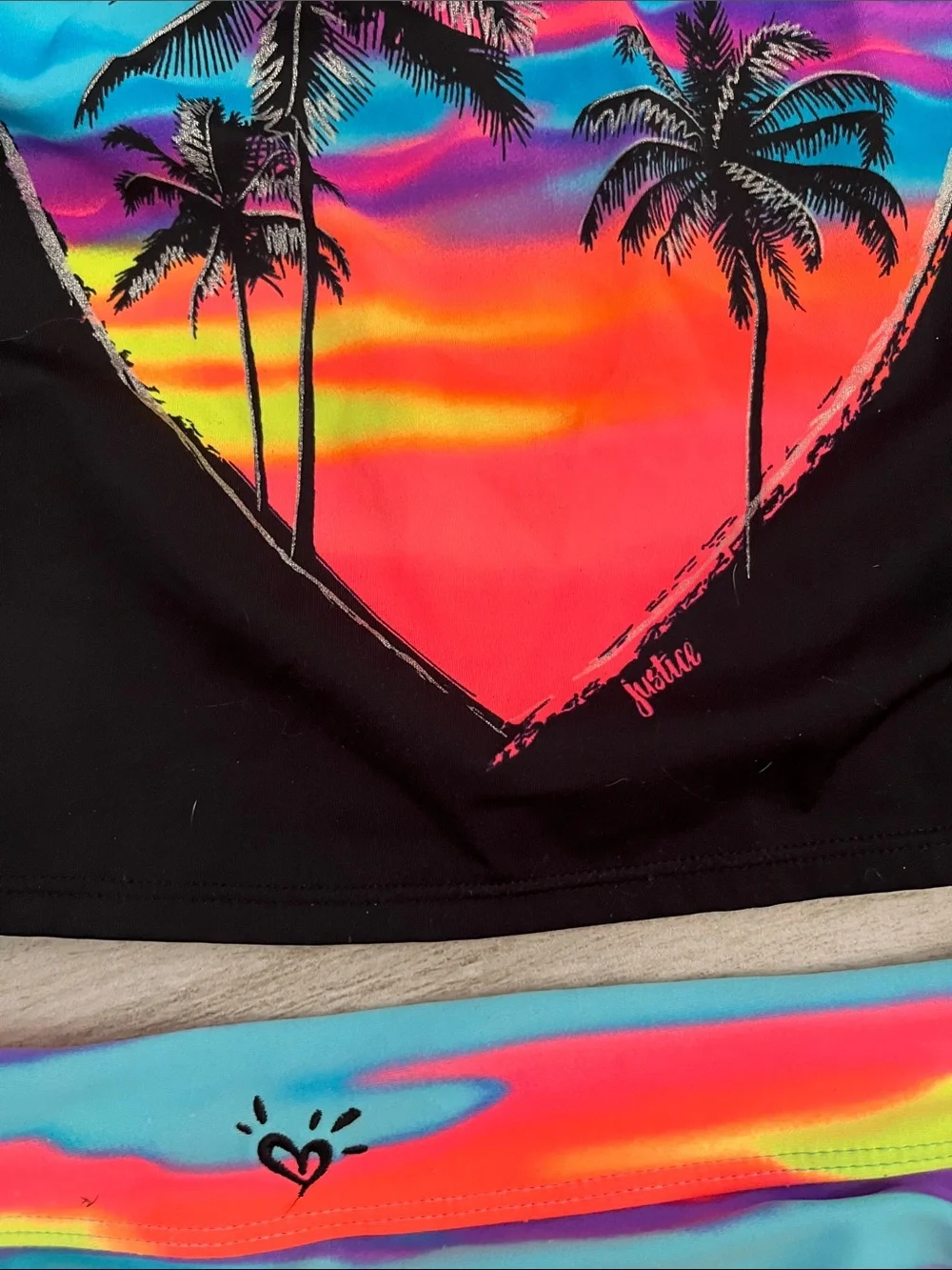 Justice Black Tankini with Neon Rainbow Heart & Palm Print